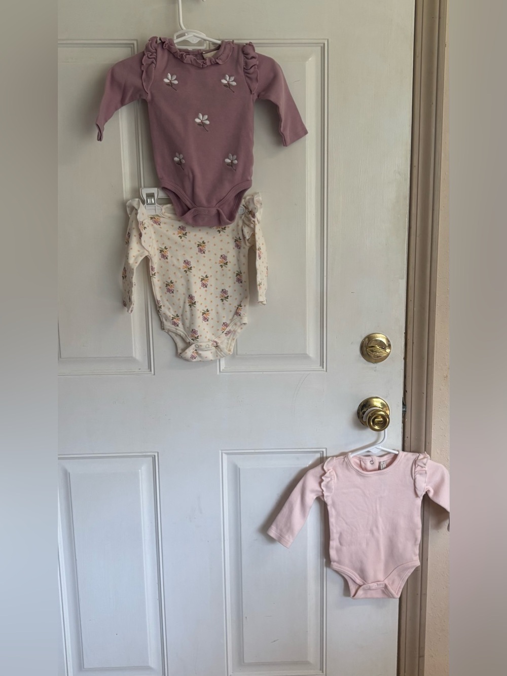 Lot of 3 3/6M Chick Pea mauve/peach/cream floral/solid long sleeve bodysuits.